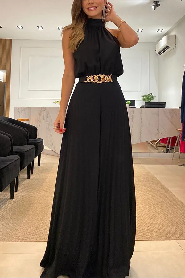 Midnight Gala Halter Neck Pleated Wide Leg Jumpsuit